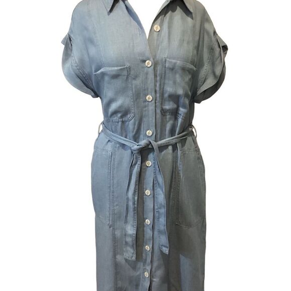 New Zara soft denim Shirt Midi Maxi belted Dress size Medium linen blend - Picture 7 of 13